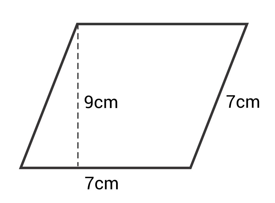 Rhombus with side lengths 7cm and height of 9cm