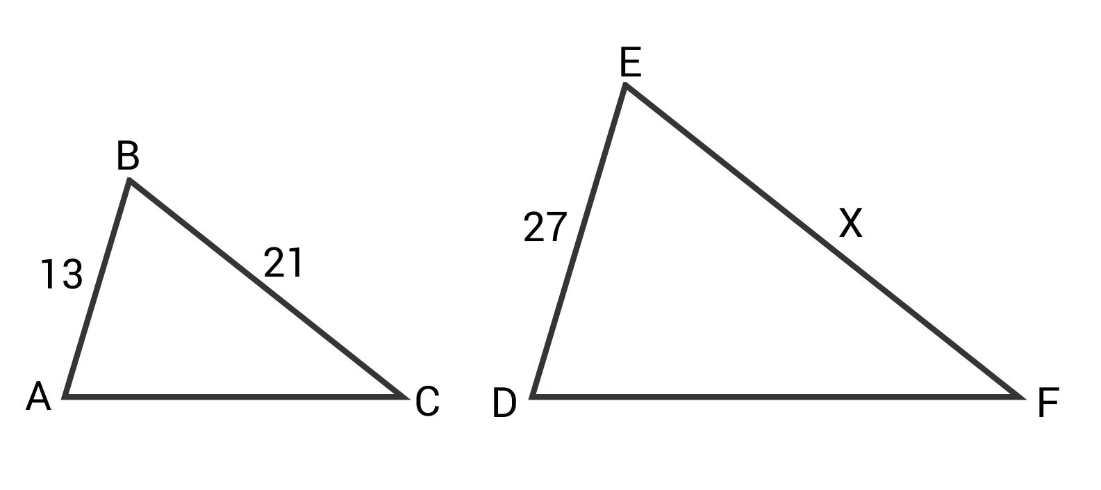Similar triangles with side lengths 13 and 21 versus 27 and x