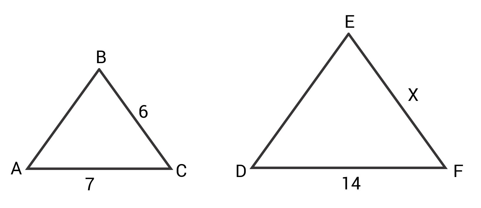 Similar triangles with side lengths 6 and 7 versus x and 14