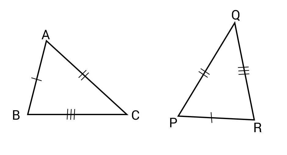 Triangle ABC and Triangle PQR with congruent sides