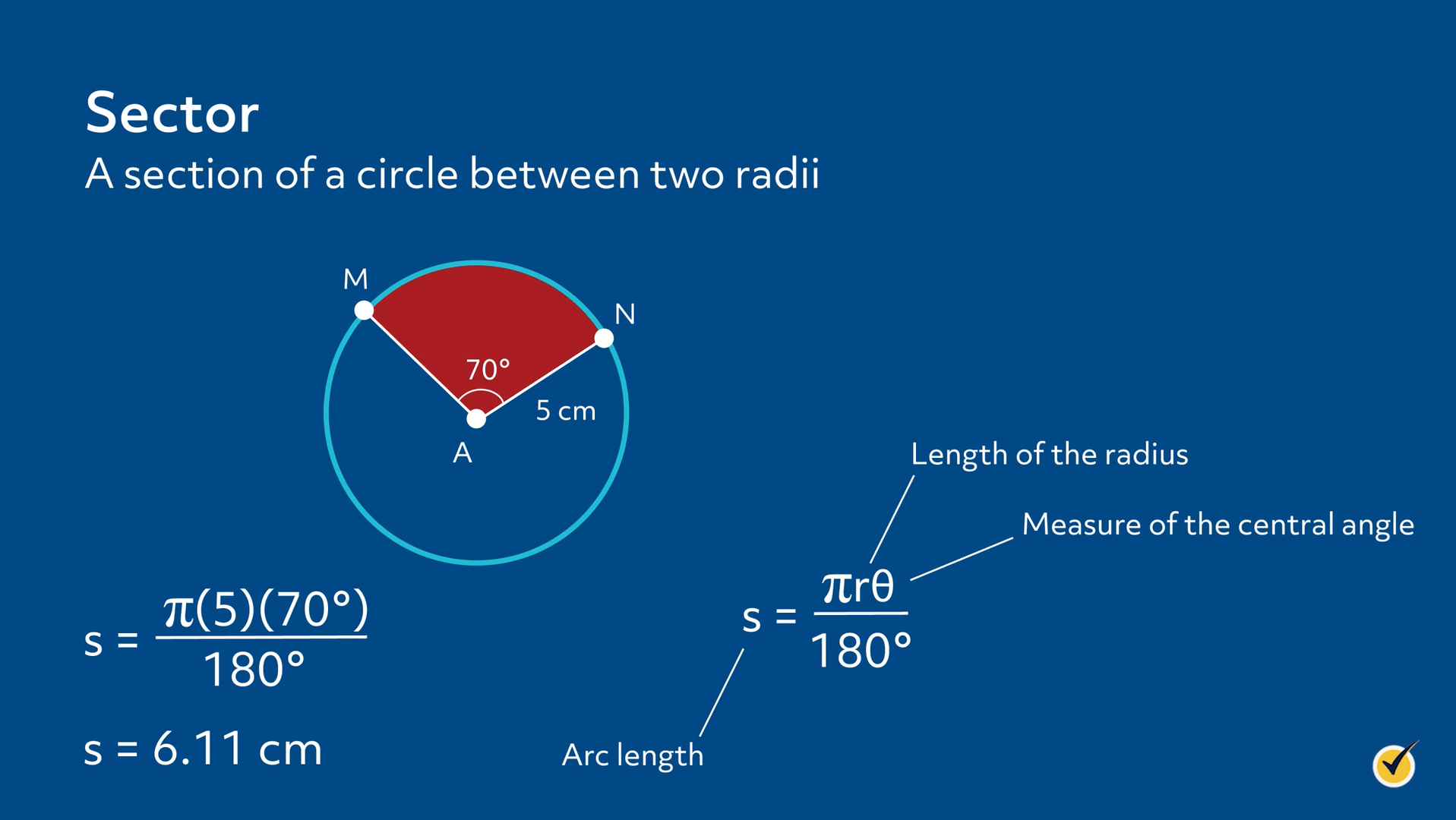 Image of a sector: a section of a circle between two radii. This sector has an arc of 70 degrees. 