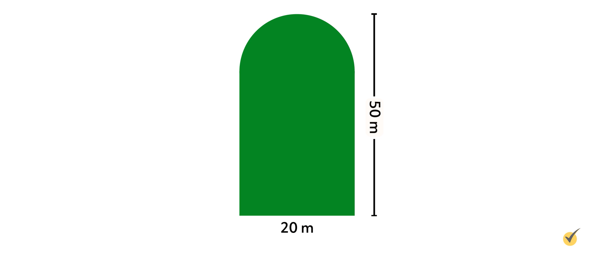 Image of a 'tombstone' shape with a length of 20m, and a height of 50m.