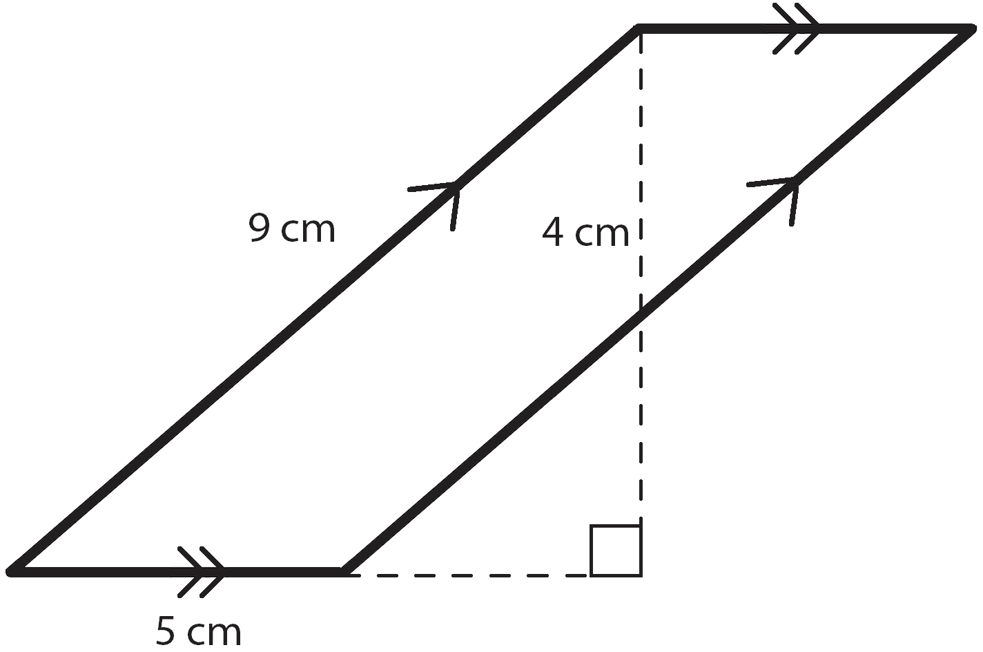 A vertical parallelogram with the left side measured at 9 centimeters, the bottom measured at 5 centimeters, and the height measured at 5 centimeters