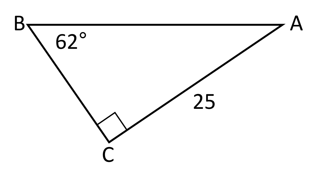Right triangle ABC with side length 25 and angle 62 degrees