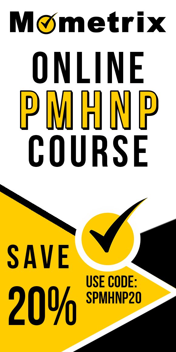 Advertisement for 20% off on the Mometrix University online PMHNP course. Use code SPMHNP20