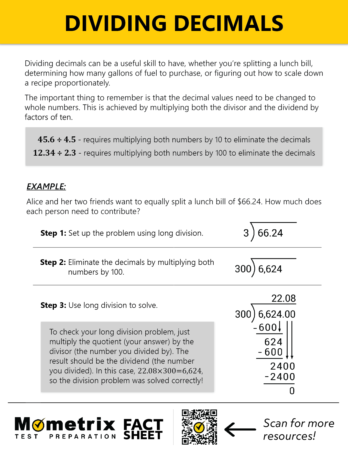 An infographic on dividing decimals, showing steps and examples including 45.6 ÷ 4.5 and 12.34 ÷ 2.3. It features a division problem breaking down $66.24 among three people. Includes a QR code for more info.