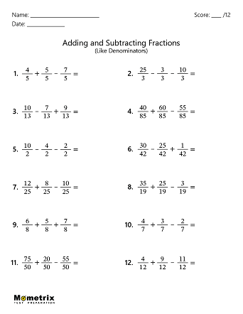 Adding and Subtracting Fractions Worksheets Worksheet Preview