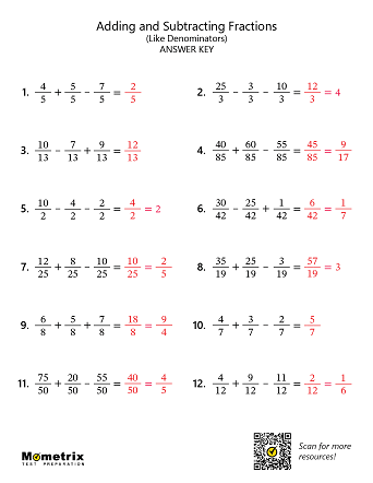 Adding and Subtracting Fractions (Answer Key) Worksheet Preview