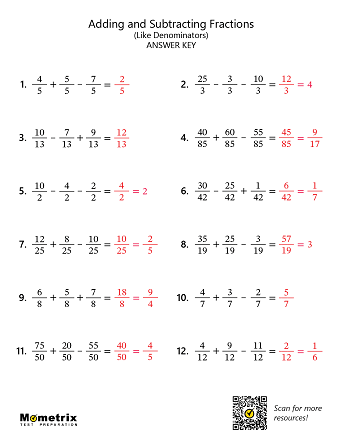 Adding and Subtracting Fractions Worksheets (Answer Key)