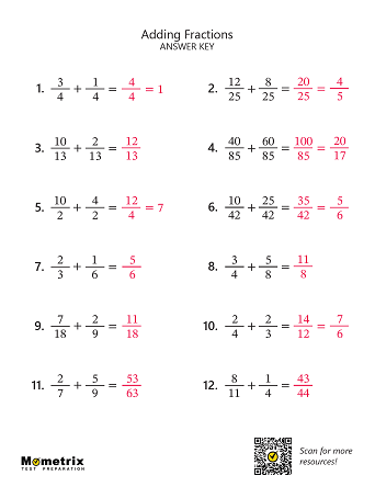 Adding Fractions (Answer Key) Worksheet Preview