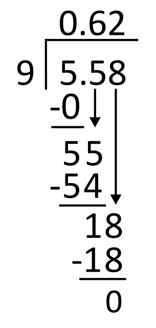 long division worked out for 5.58 divided by 9