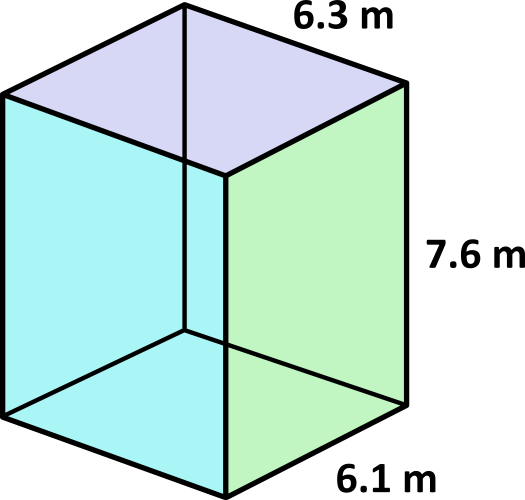 6.1 m by 7.6 m by 6.3 m rectangular prism