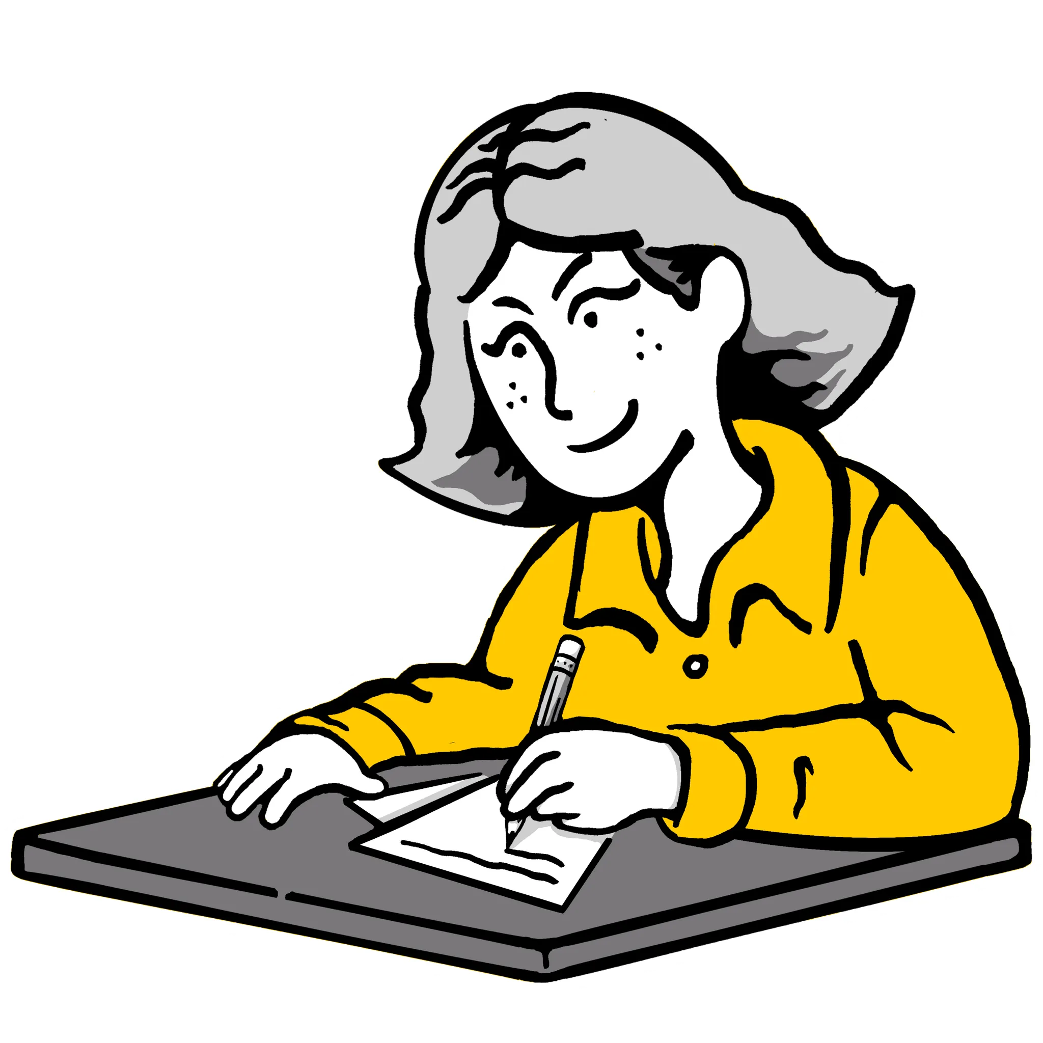 Illustration of a person with medium-length hair writing on paper with a pencil at a table, wearing a yellow shirt and smiling slightly.