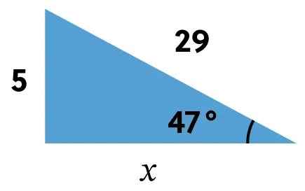 A right triangle with sides labeled 5 and 29, angle labeled 47 degrees, and the base labeled x.
