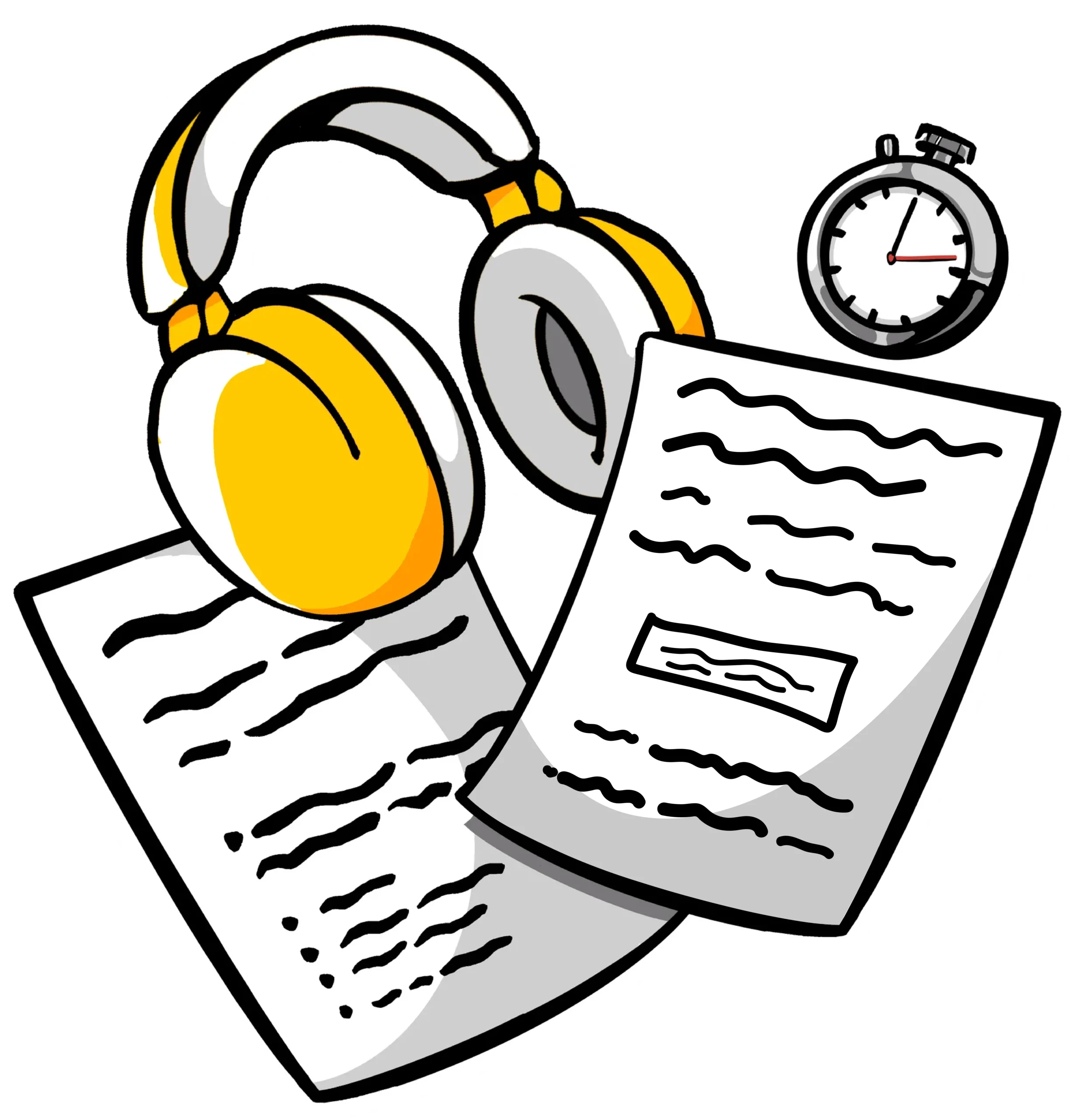 Yellow headphones rest on two sheets of paper with text, with a stopwatch shown in the background.