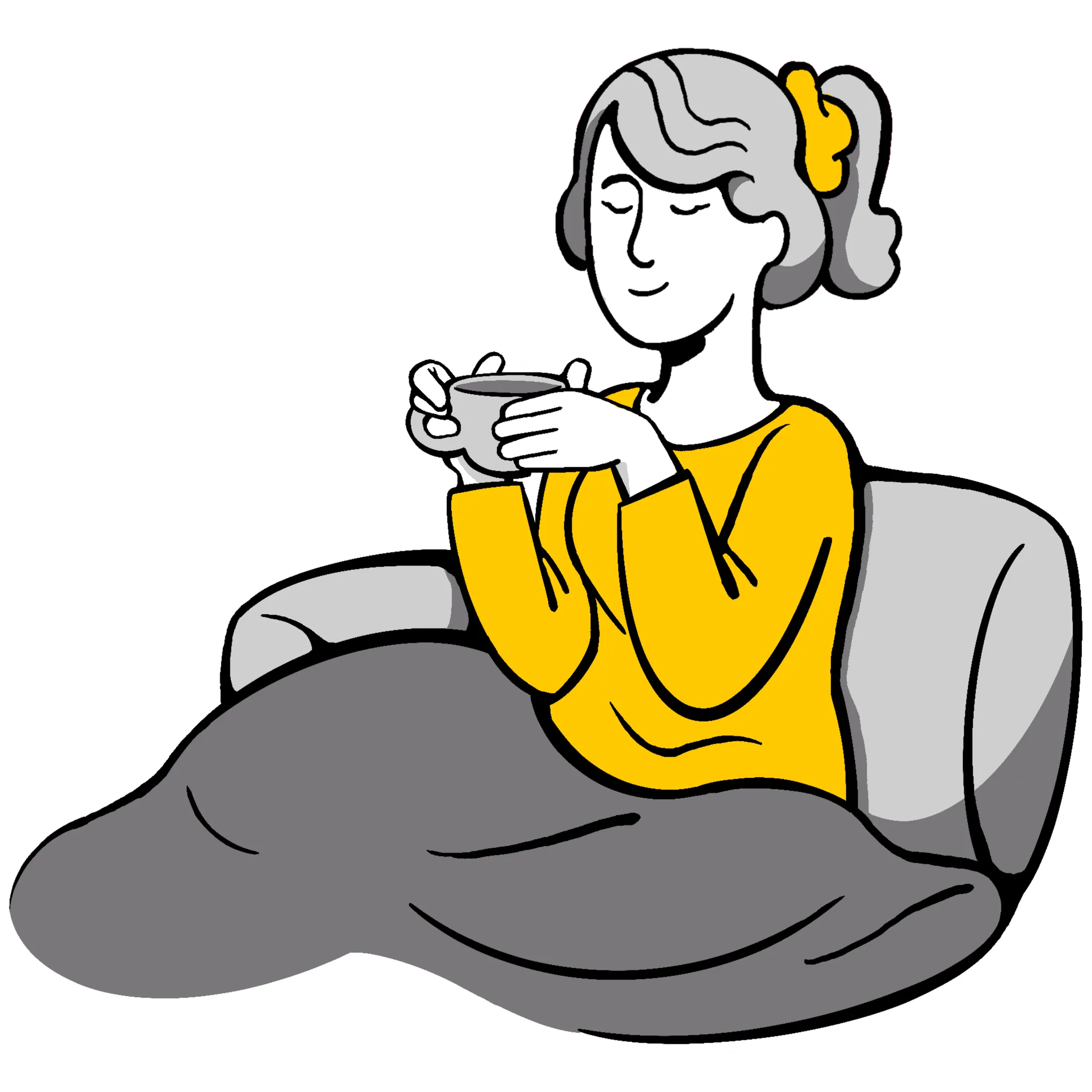 A person with gray hair and a yellow hair tie sits on a couch, covered with a blanket, and drinks from a cup.