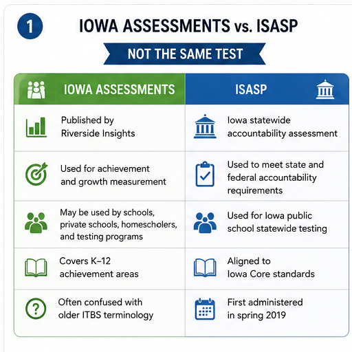 Comparison chart highlighting key differences between Iowa Assessments and ISASP, including purpose, usage, coverage, standards alignment, and administration details.