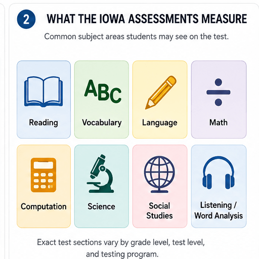 Infographic listing Iowa Assessments subjects: Reading, Vocabulary, Language, Math, Computation, Science, Social Studies, and Listening/Word Analysis.