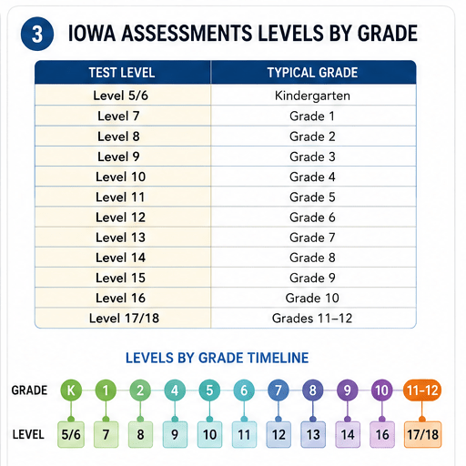 Chart showing Iowa Assessments test levels matched to typical grades, ranging from Kindergarten (Level 5/6) to Grades 11–12 (Level 17/18), with a color-coded timeline below.