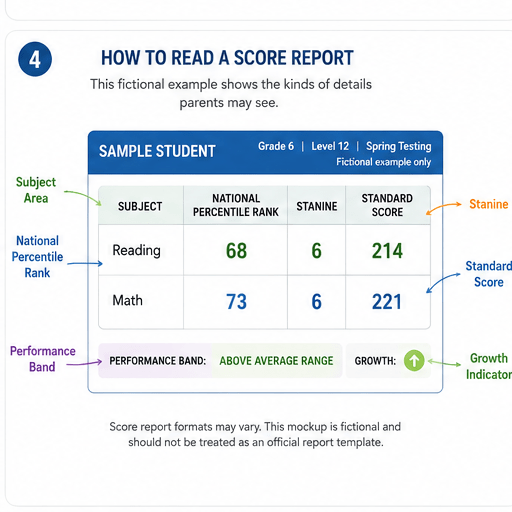 A sample student score report shows reading and math scores with percentile rank, stanine, standard score, performance band, and growth indicator for Grade 6 spring testing.