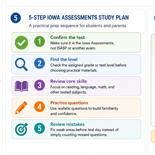 5-step Iowa Assessments study plan with icons: 1. Confirm the test, 2. Find the level, 3. Review core skills, 4. Practice questions, 5. Review mistakes.