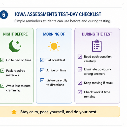 Iowa Assessments test-day checklist with reminders for the night before, morning of, and during the test, plus a note to stay calm, pace yourself, and do your best.