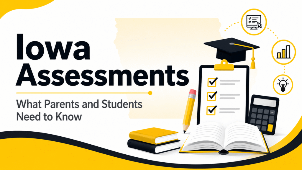 A graphic with the text "Iowa Assessments: What Parents and Students Need to Know" and icons of a checklist, pencil, graduation cap, books, and calculator.
