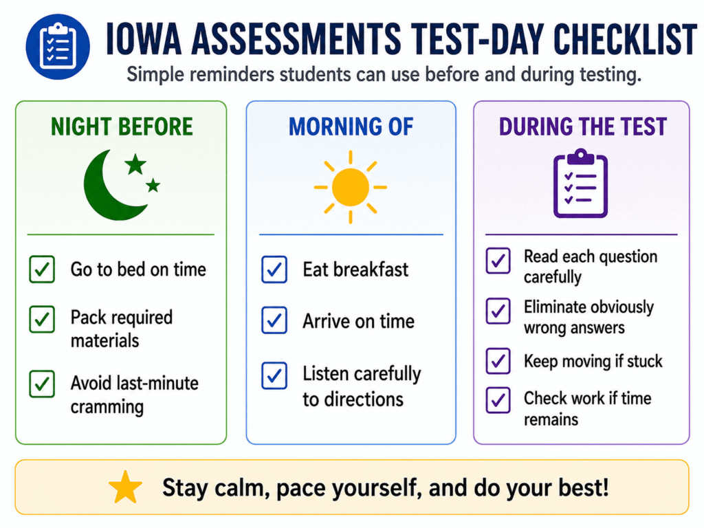 Iowa Assessments test-day checklist with tips for the night before, morning of, and during the test, plus a reminder to stay calm, pace yourself, and do your best.