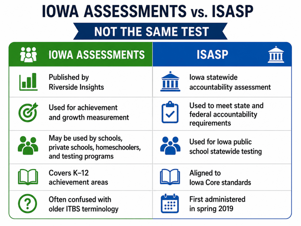 Comparison chart explaining differences between Iowa Assessments and ISASP, detailing purpose, usage, coverage, standards, and administration.