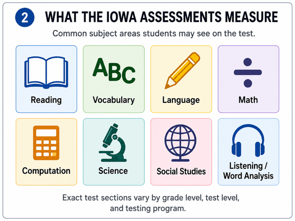 A chart listing Iowa Assessment test subjects: Reading, Vocabulary, Language, Math, Computation, Science, Social Studies, and Listening/Word Analysis.