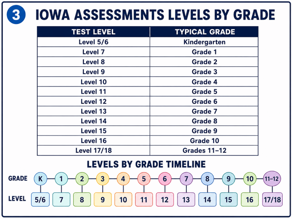 A chart matching Iowa Assessment test levels 5/6 to 17/18 with typical grades from Kindergarten through Grades 11–12, including a timeline of grade and test level alignment.