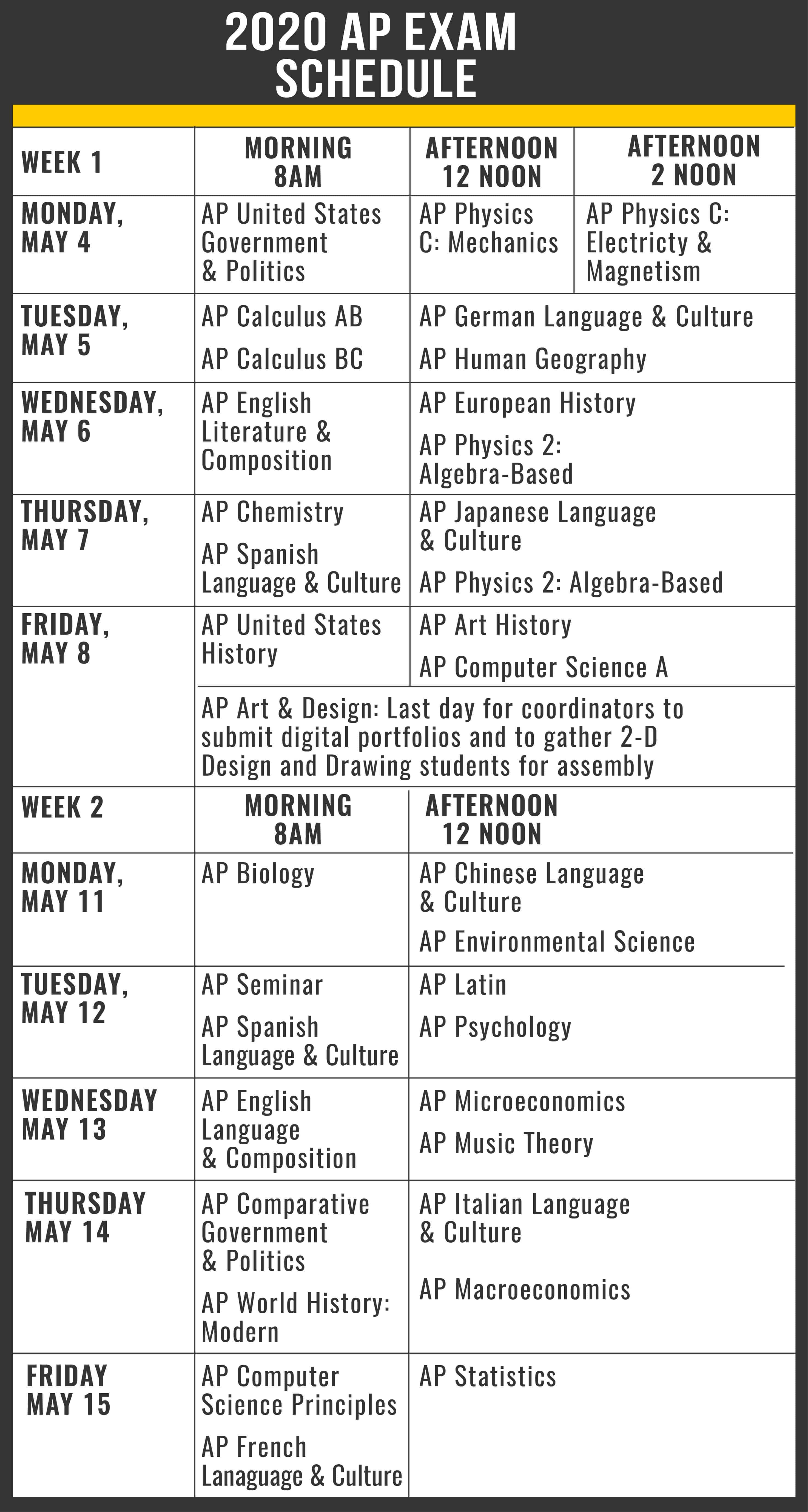 2020 AP Exam Schedule