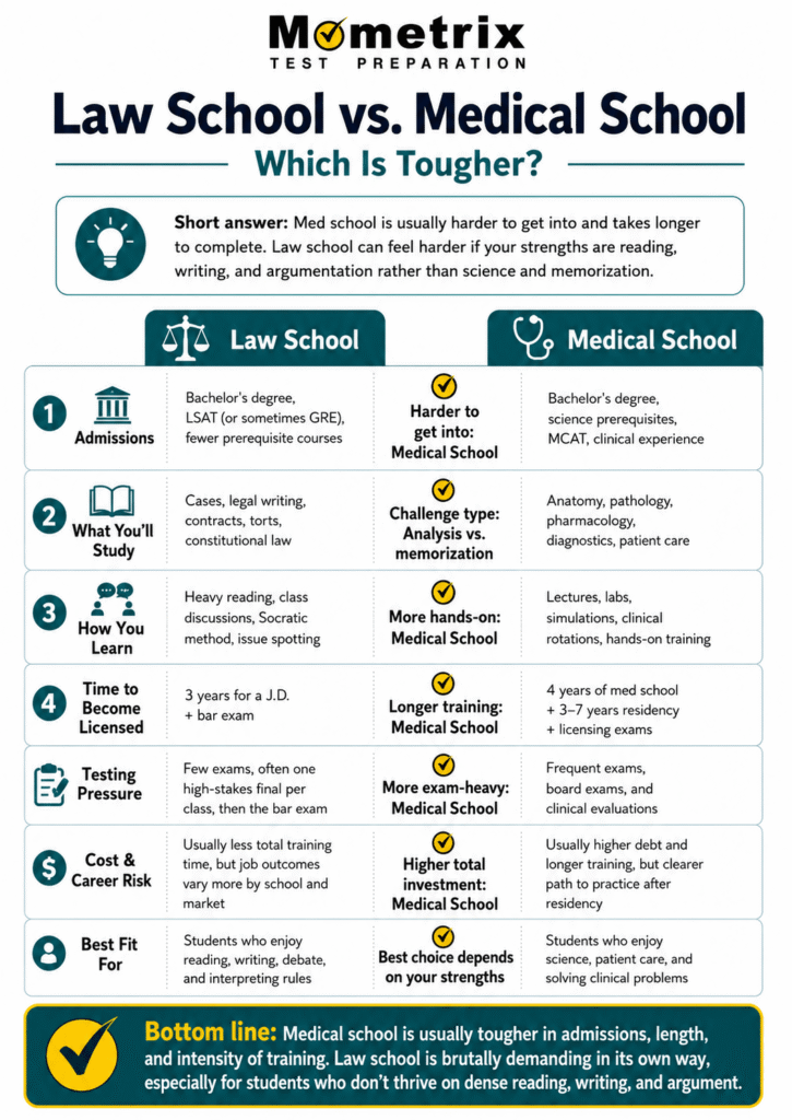 Comparison chart outlining key differences between law school and medical school in areas like admissions, coursework, exams, costs, and career options.