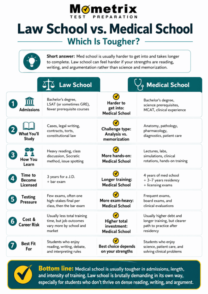 Comparison chart outlining differences between law school and medical school, including admissions, study topics, time to license, testing, career risk, and difficulty level.