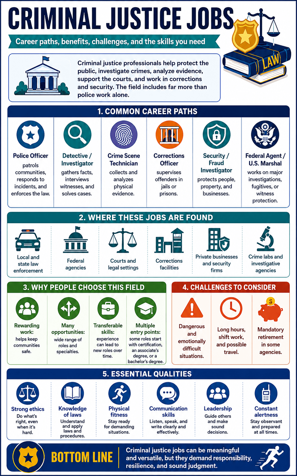 Infographic outlining common criminal justice jobs, job locations, reasons for choosing the field, challenges to consider, essential qualities needed, and a summary about career demands and benefits.