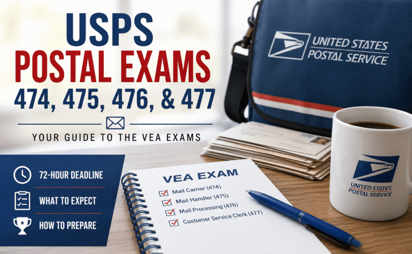A USPS postal exam guide is displayed with a notepad, pen, mail, a USPS bag, coffee cup, and icons highlighting deadlines, expectations, and preparation.