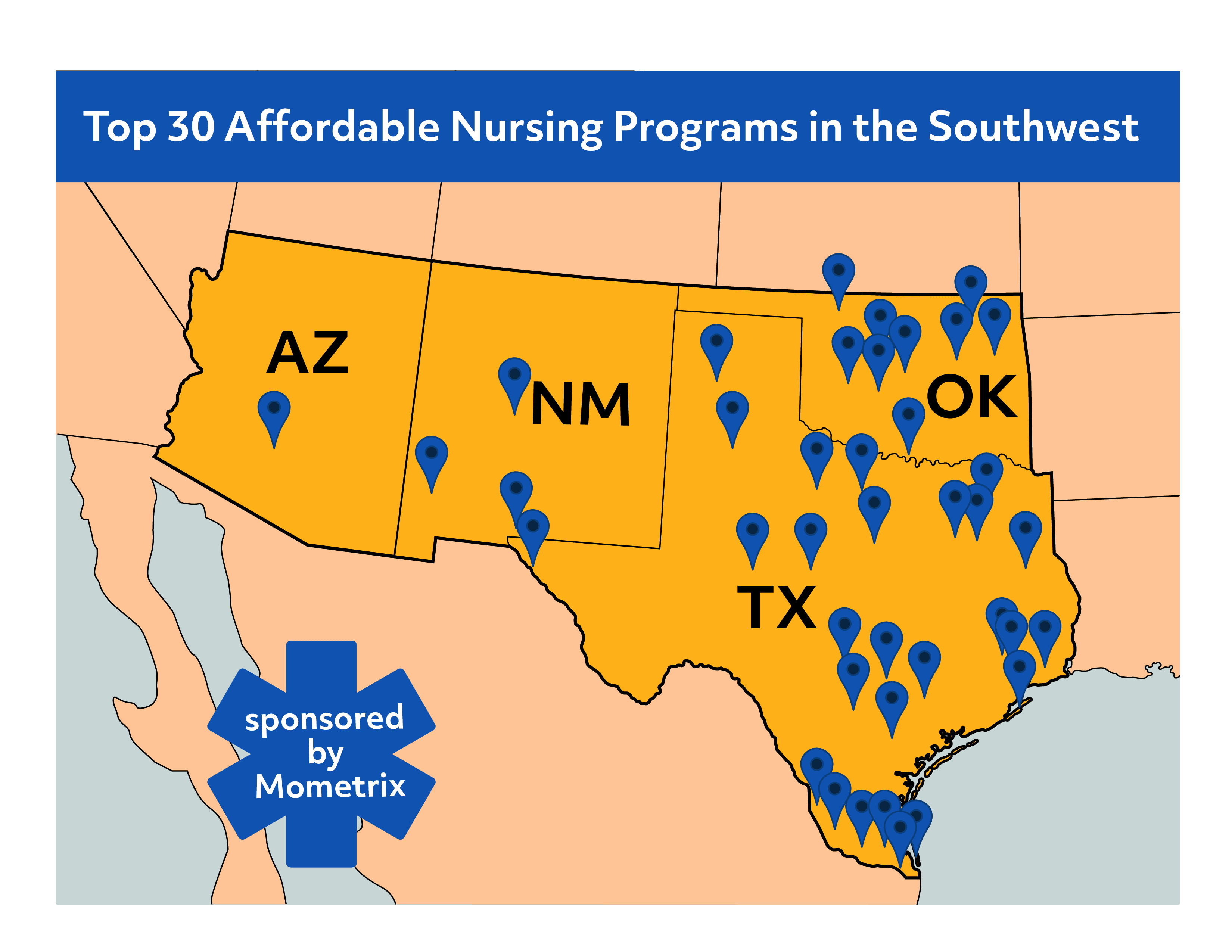 Map of the Southwest showing the locations of the most affordable schools