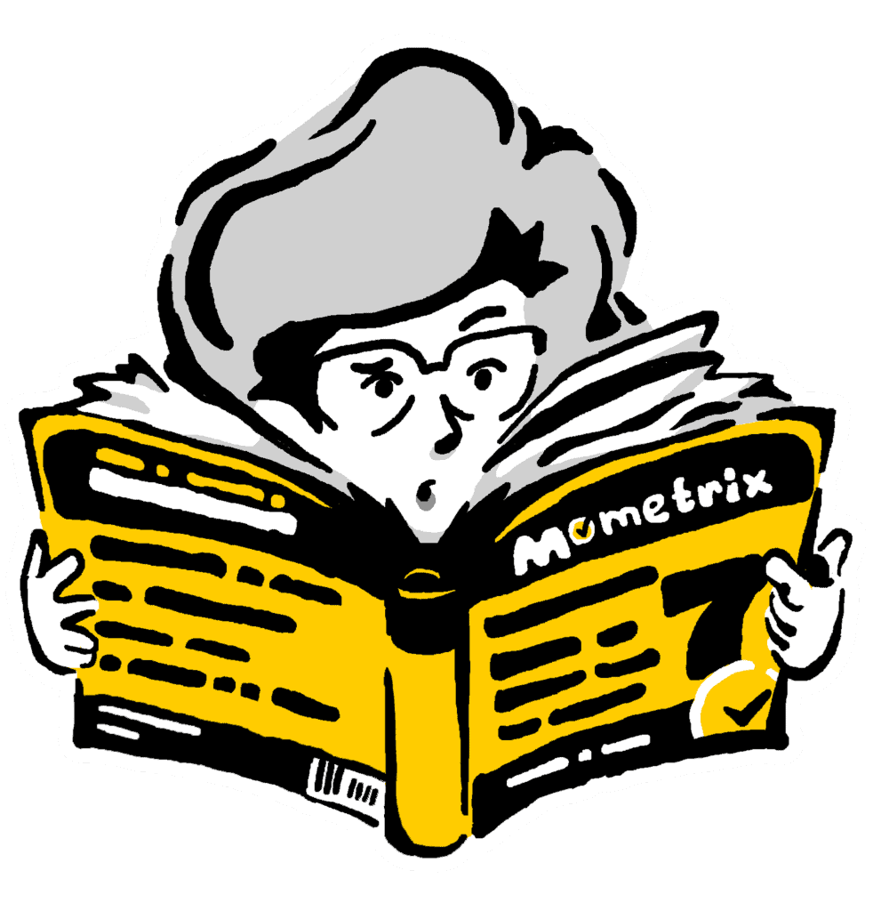 A person with glasses and stylized hair reads a yellow book labeled "Mometrix.