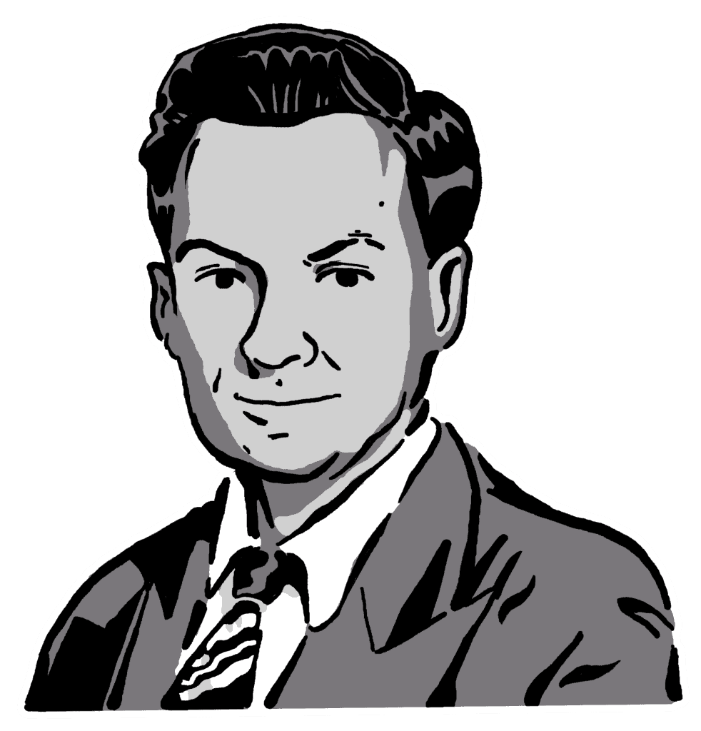Black and white illustration of a man with short hair, wearing a suit and tie, facing forward and smiling slightly.