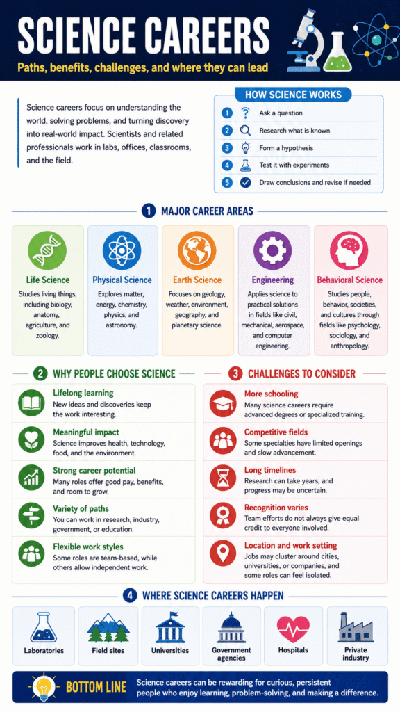 Infographic outlining science career paths, reasons to choose them, challenges, major fields like life and physical sciences, and where these careers can lead, with icons and brief descriptions.