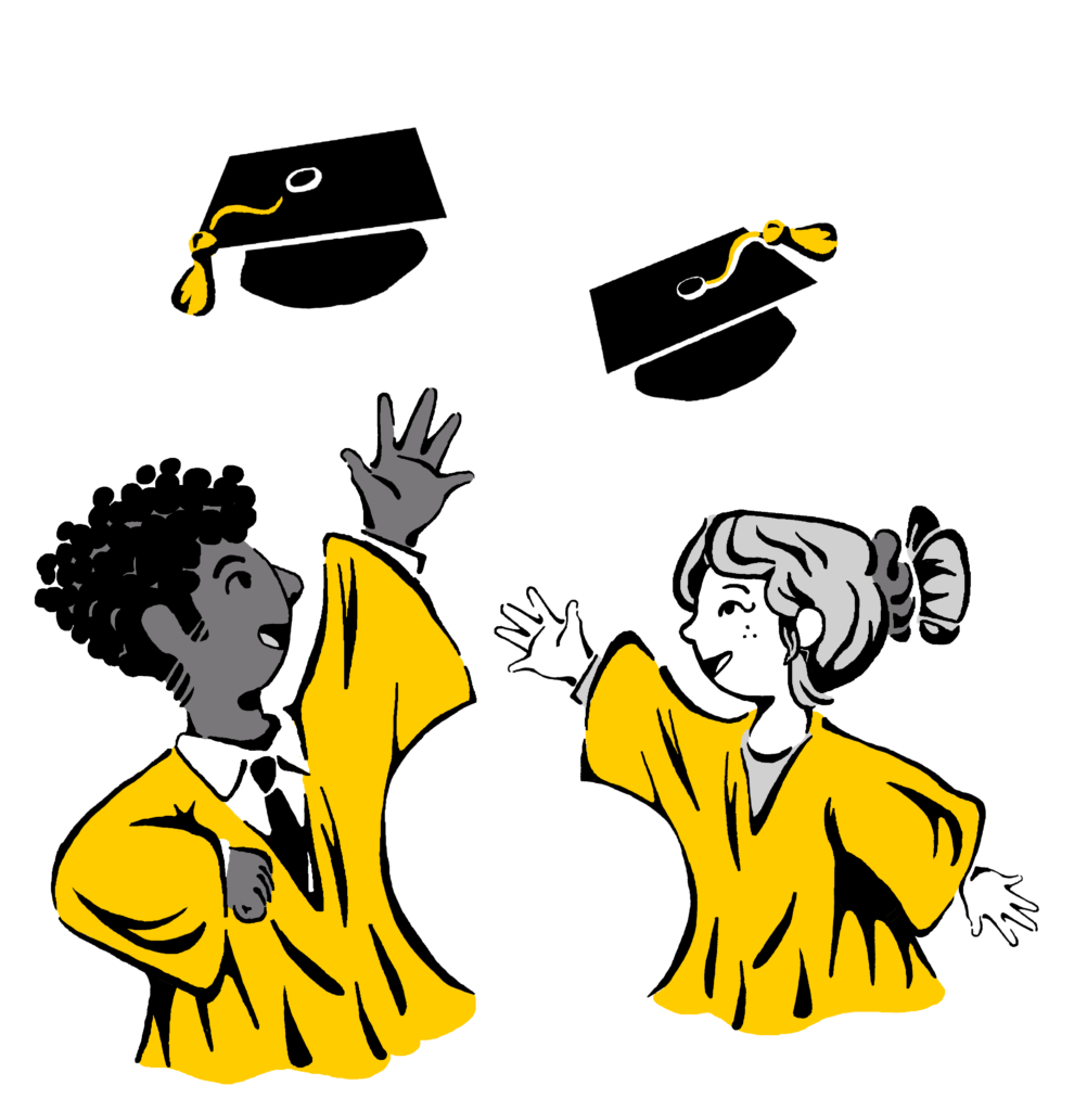 Two graduates in yellow gowns celebrate by tossing their graduation caps into the air.