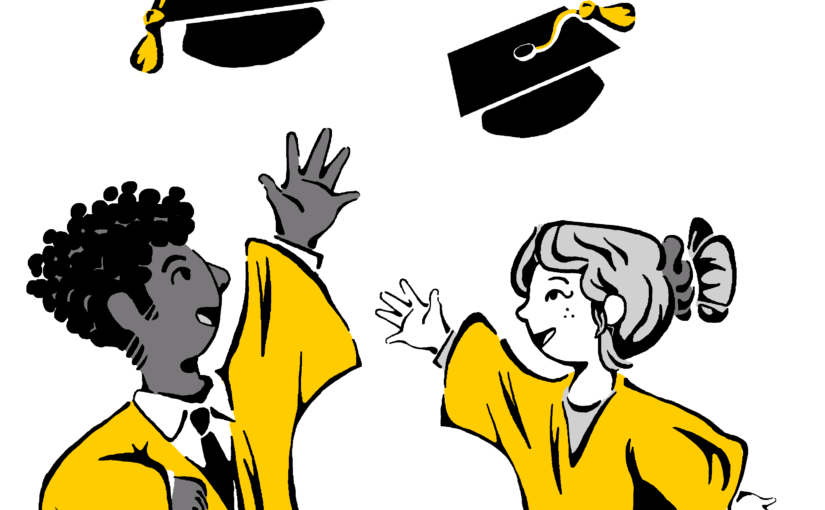 Two graduates in yellow gowns celebrate by tossing their graduation caps into the air.