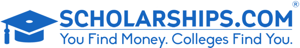 Logo of Scholarships.com featuring a blue graduation cap icon and the tagline "You Find Money. Colleges Find You.