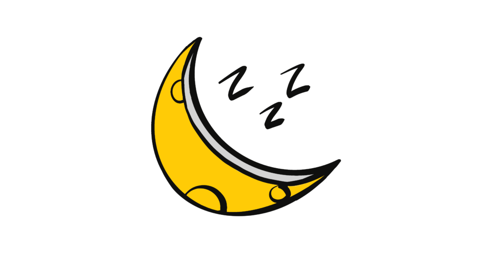 Illustration of a yellow crescent moon with craters, eyes closed, and three "Z" symbols indicating sleep. The background is teal.