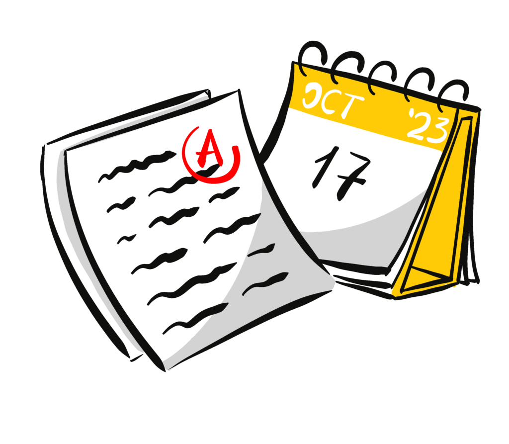 Illustration of a paper with an 'A' grade next to a desk calendar showing October 17, 2023.