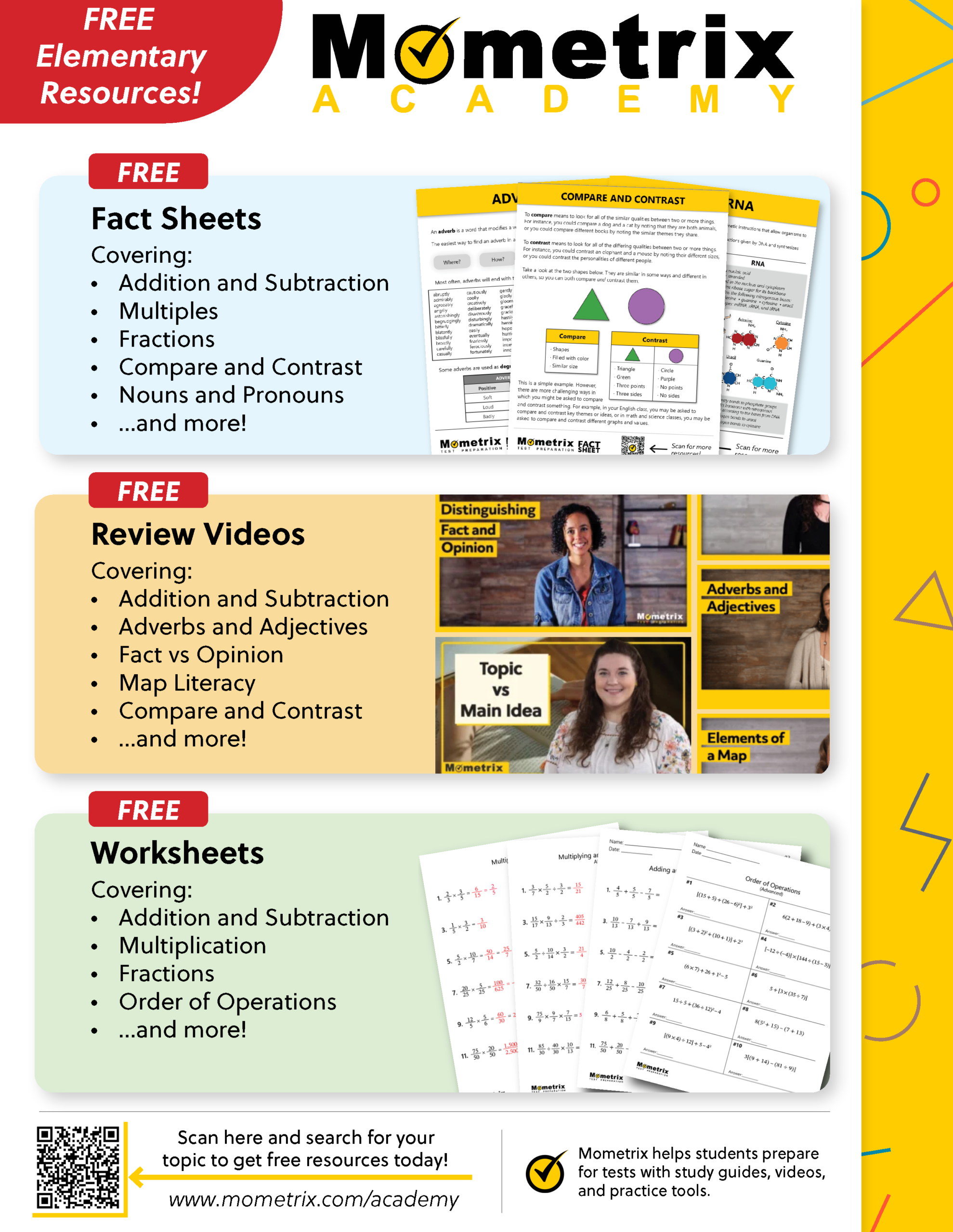 Flyer for Mometrix Academy offering free elementary resources including fact sheets, review videos, and worksheets on math and grammar topics, with website and QR code for access.