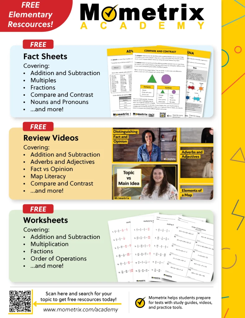 Flyer for Mometrix Academy offering free elementary resources including fact sheets, review videos, and worksheets on math and grammar topics, with website and QR code for access.