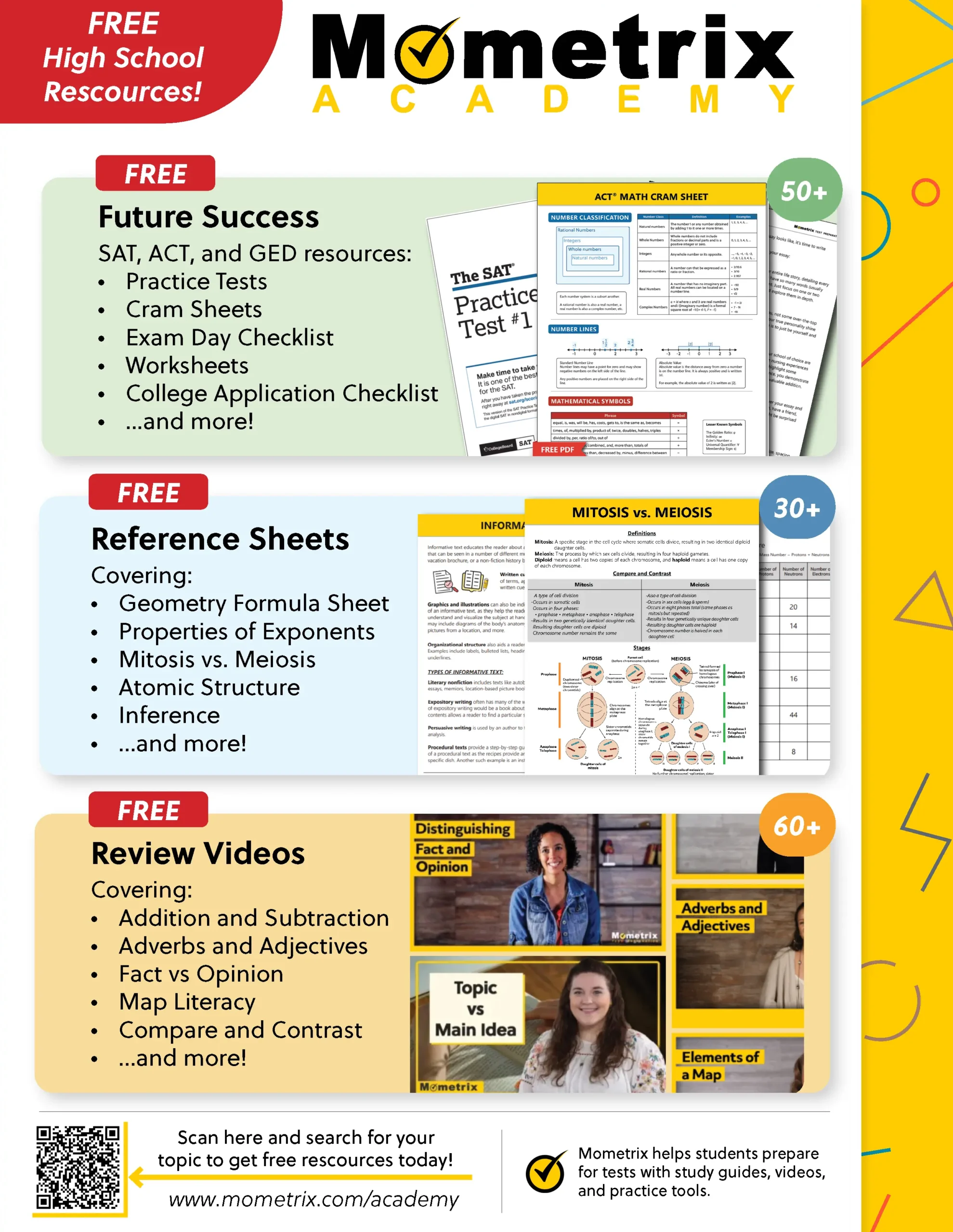 Flyer for Mometrix Academy, offering free high school resources including practice tests, reference sheets, and review videos for SAT, ACT, GED, and various subjects.