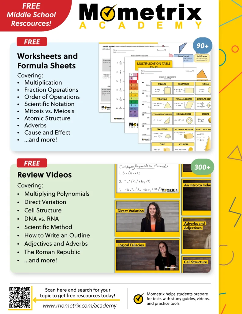 Mometrix Academy flyer advertising free middle school resources, including worksheets, formula sheets, and review videos on math and science topics.