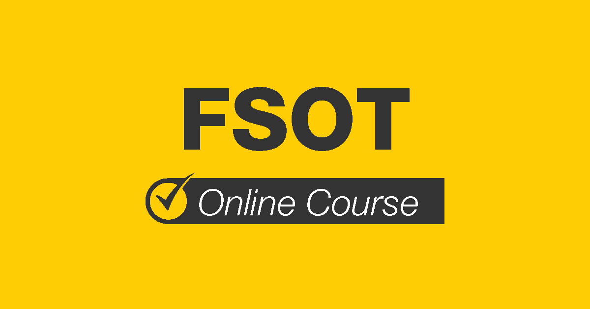 A graphic reading as the title “FSOT” and with a subtitle showing the Mometrix logo and the text “online course”